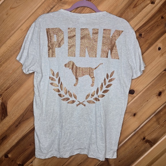 Victoria's Secret PINK Everyday Tee Shirt ~ Size: Medium Rose Gold Glitter Logo - Picture 2 of 8